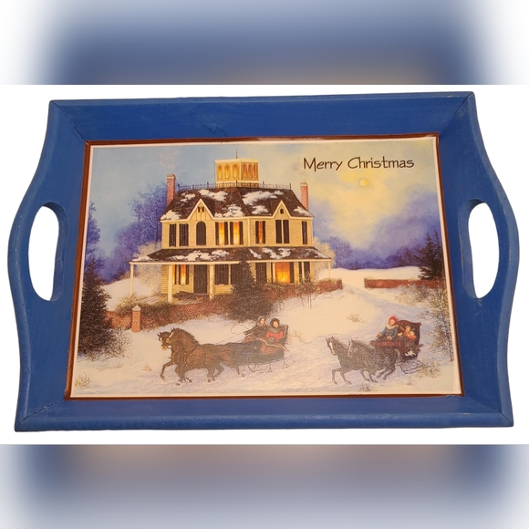 VINTAGE y2k Merry Christmas, Wood Mini Blue Tray Novelty Holiday Decor - Picture 2 of 4